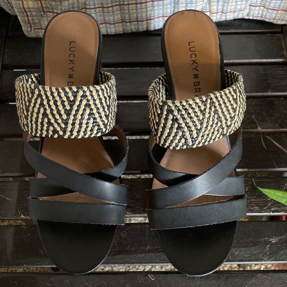 LUCKY BRAND Womens Size 6.5/36.5 Sandals NYLOH Black Leather Woven Strap Wedge - Picture 2 of 6